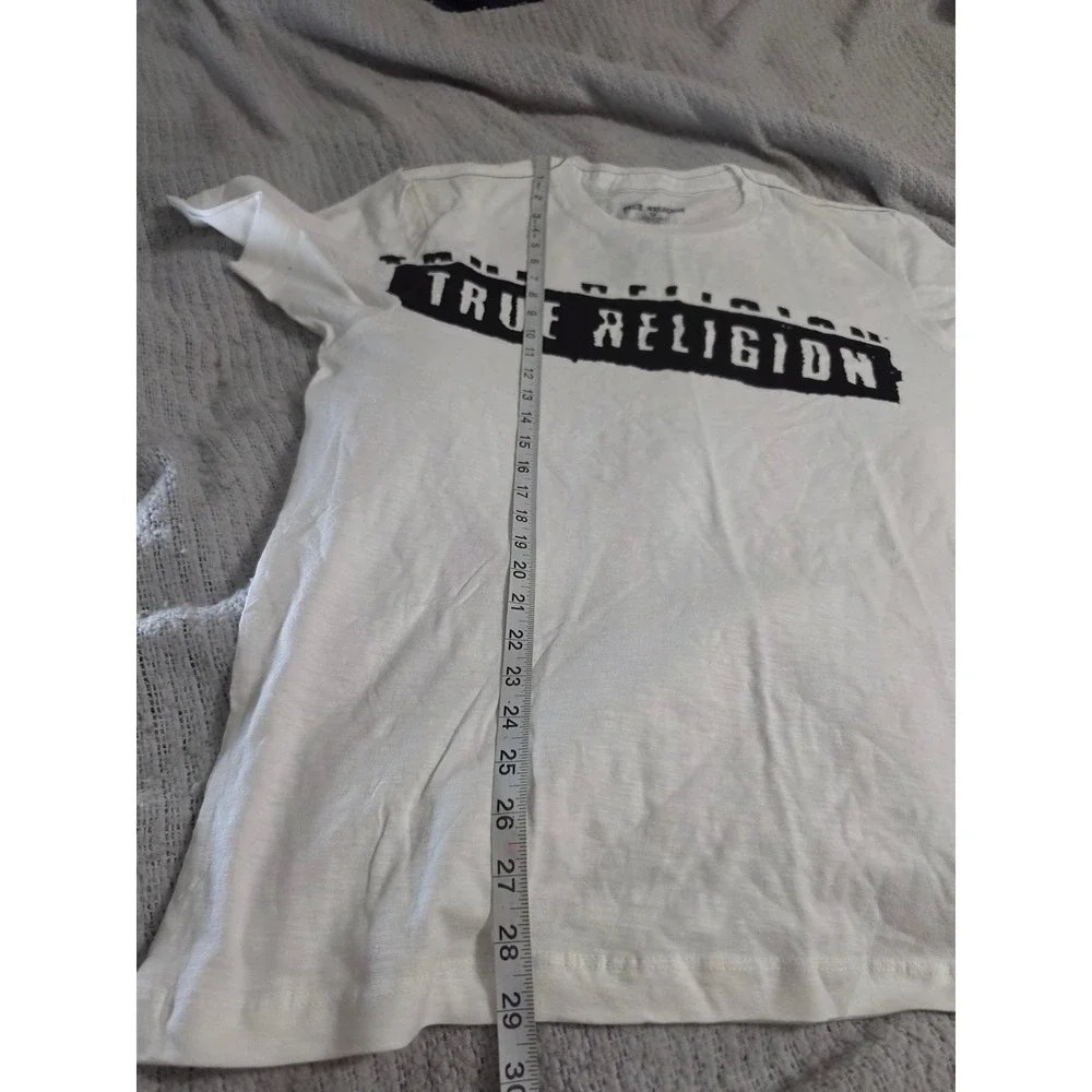 True Religion Mens Graphic Logo T-Shirt White Black 2XL Short Sleeve Slub Cotton